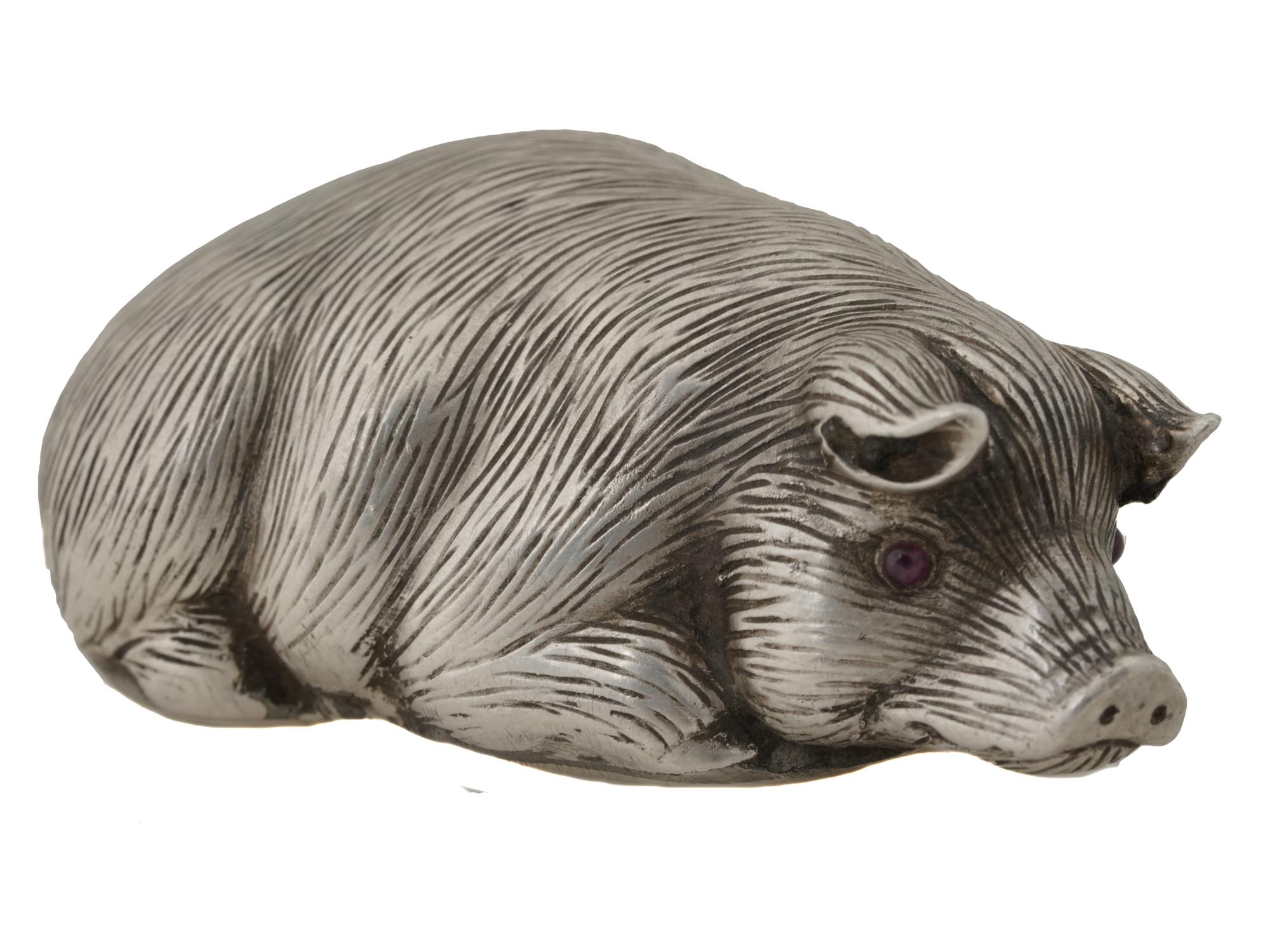 RUSSIAN CARVED SILVER GEMSTONE EYES PIG FIGURINE PIC-0